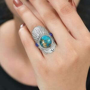 Mojave Blue Turquoise and Lapis Lazuli 8.90 ctw Feather Silver Ring Size 9 New
